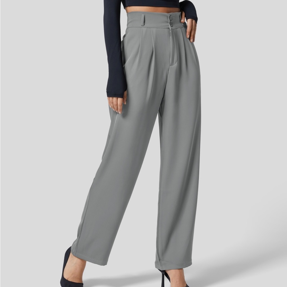High Waisted Button Side Pocket Straight Leg Work Suit Pants